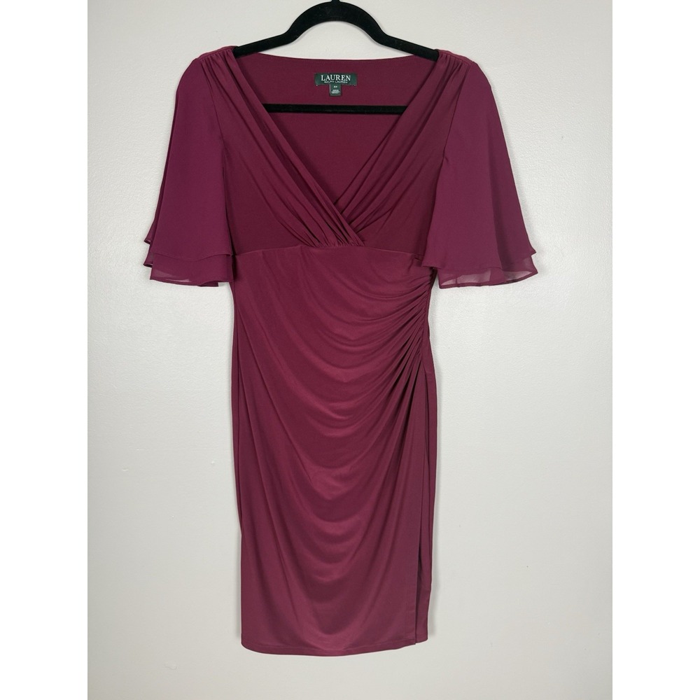 LAUREN RALPH LAUREN Flutter-Sleeve Ruched‎ Cocktail Burgundy Dress Women's 4P